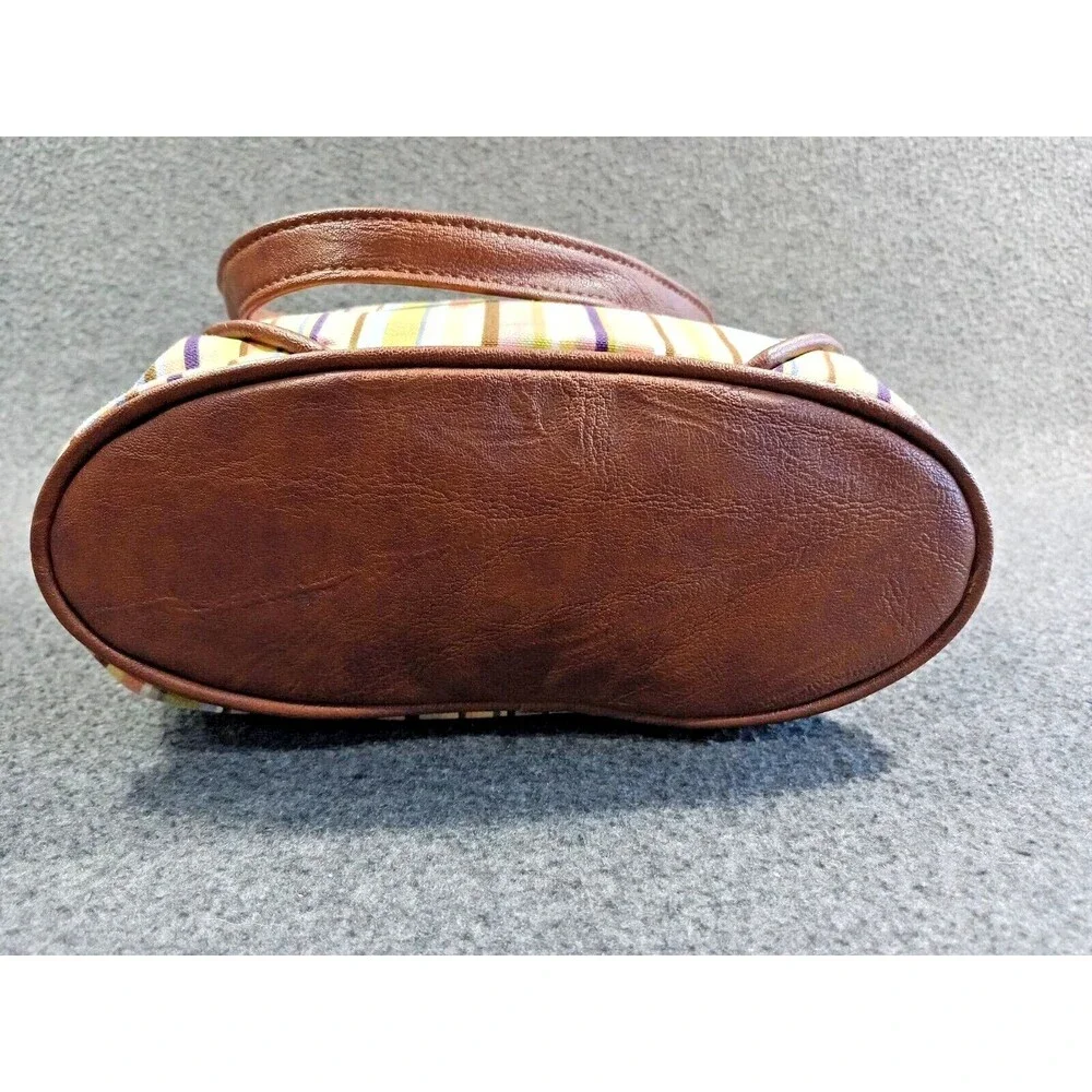 Longaberger Tote Bag Multicolor Stiped Brown Leather Handles and Bottom Pockets